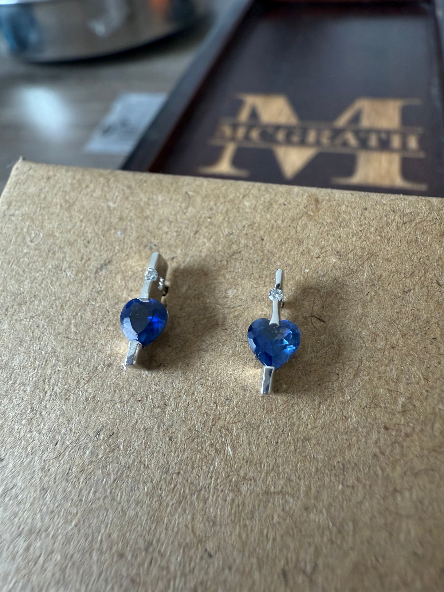 Deep Blue Heart Sapphire and Diamond Earrings