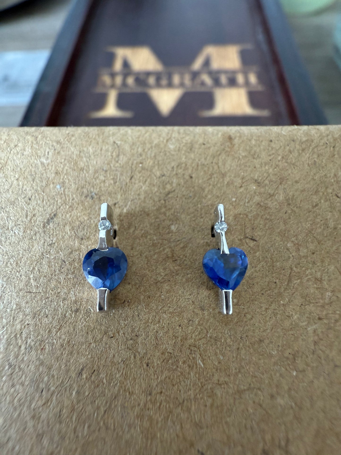 Deep Blue Heart Sapphire and Diamond Earrings
